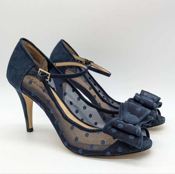 Lulu Townsend blue mesh polkadot bow heel 7 - Picture 1 of 10